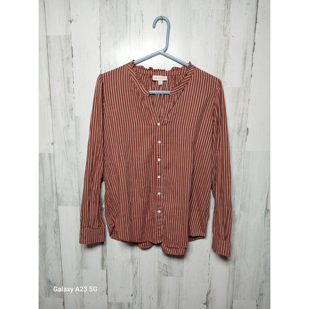 Knox Rose Pearl Snap Shirt Womens Med Red Stripe V Neck Long Sleeve Cotton Blend